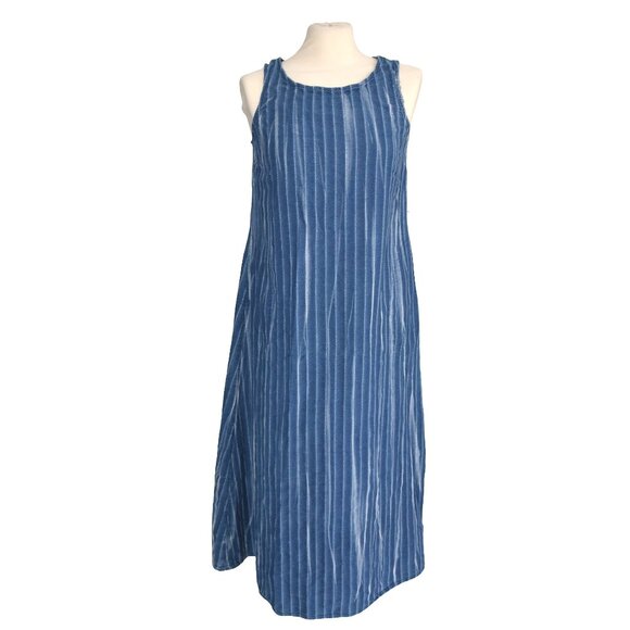 Pure Jill Indigo Dress S Petite Blue Striped Minimalist Chambray Denim Midi - Picture 1 of 10